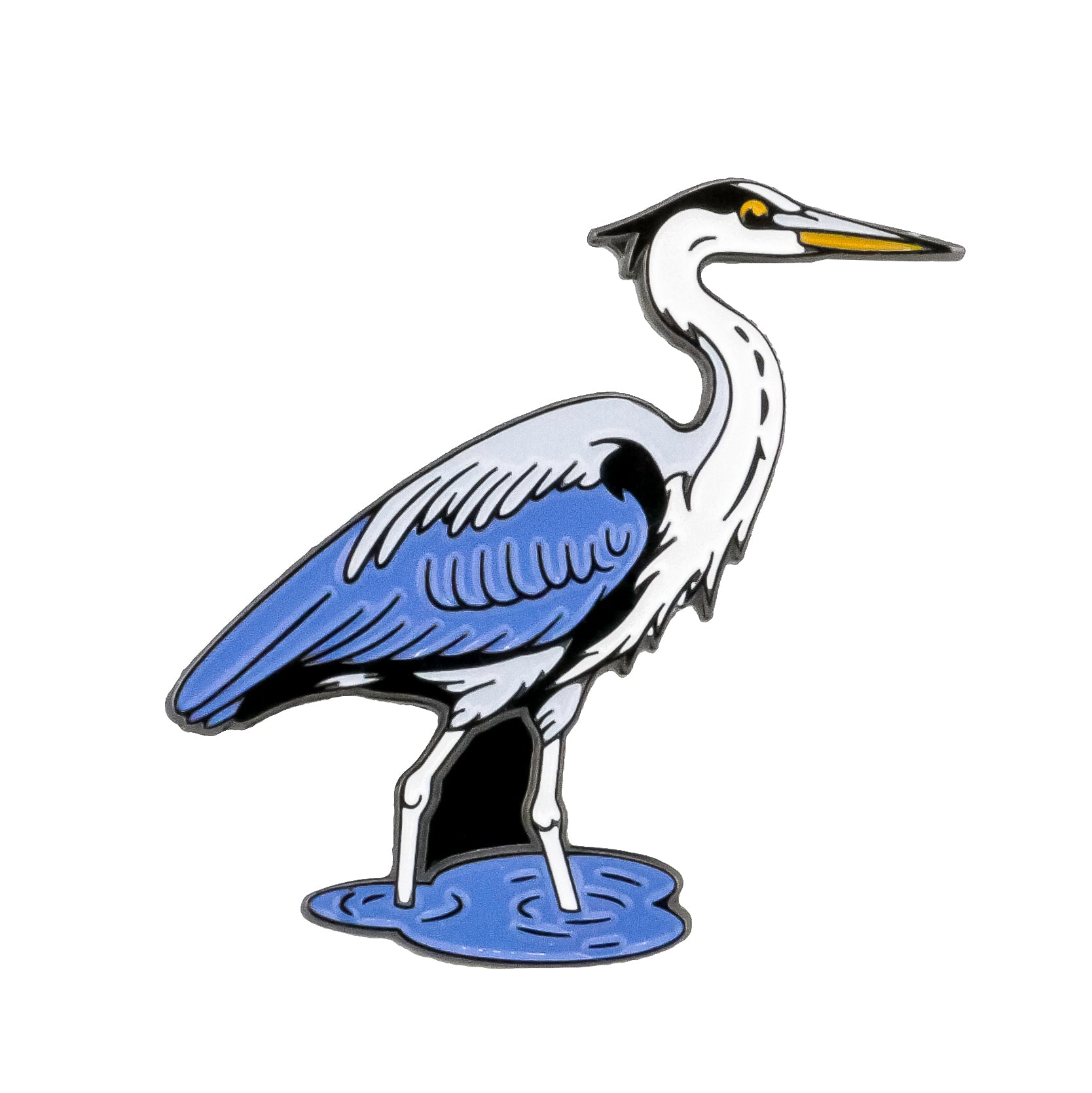 The Great Blue Heron Ball Marker from Ballmarkers.com features an illustration of a Great Blue Heron standing in shallow water, facing right, with a yellow beak and black details on a white background—an ideal choice for nature-inspired accessories or a unique addition to your golf game.