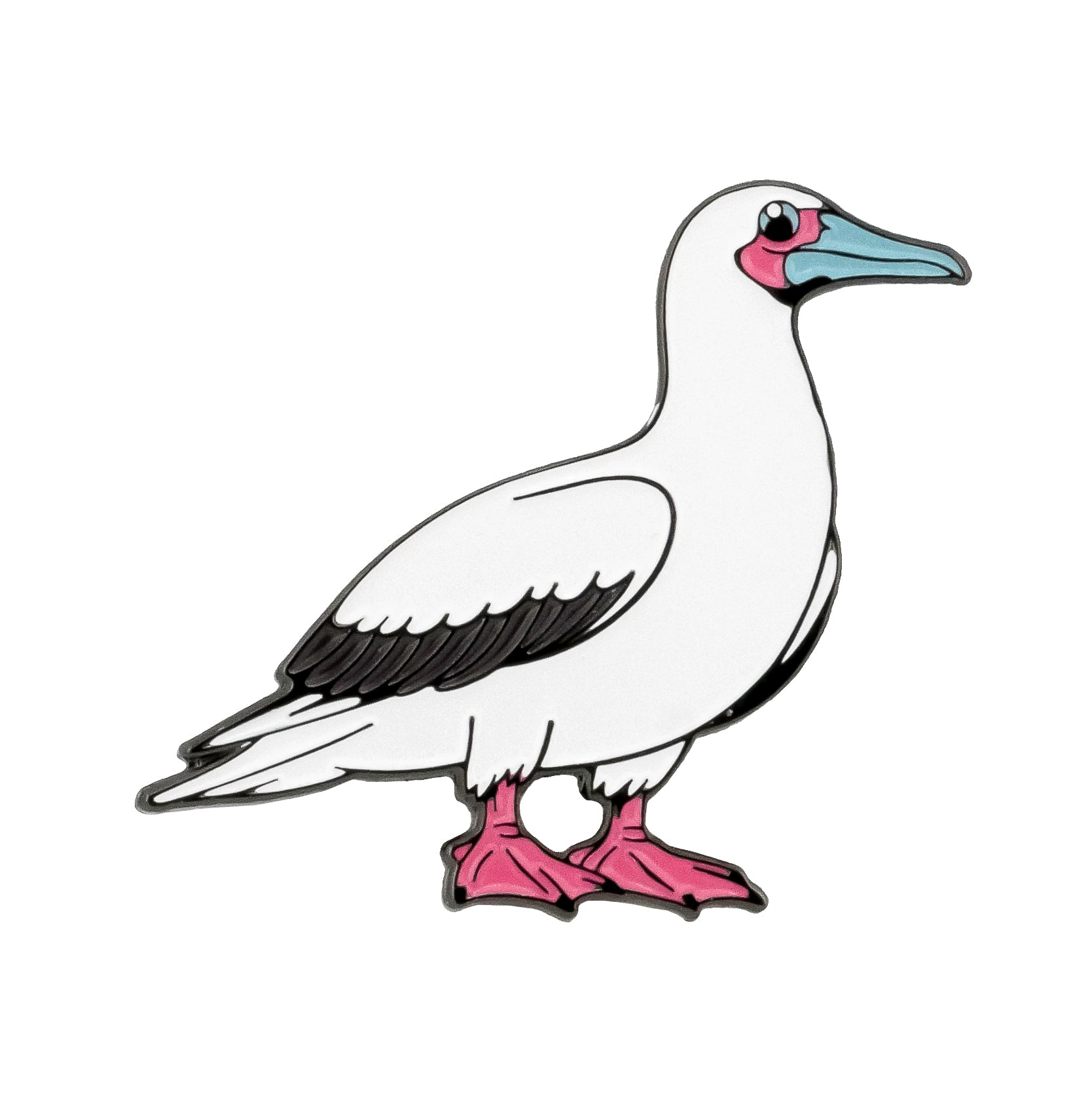 Introducing the Red-Footed Booby Ball Marker by Ballmarkers.com—a whimsical golf accessory featuring a cartoon illustration of a white bird with black-tipped wings, bright pink webbed feet, a blue beak, and a pink patch near its eye, all inspired by tropical birds and perfect for making your game truly unique.