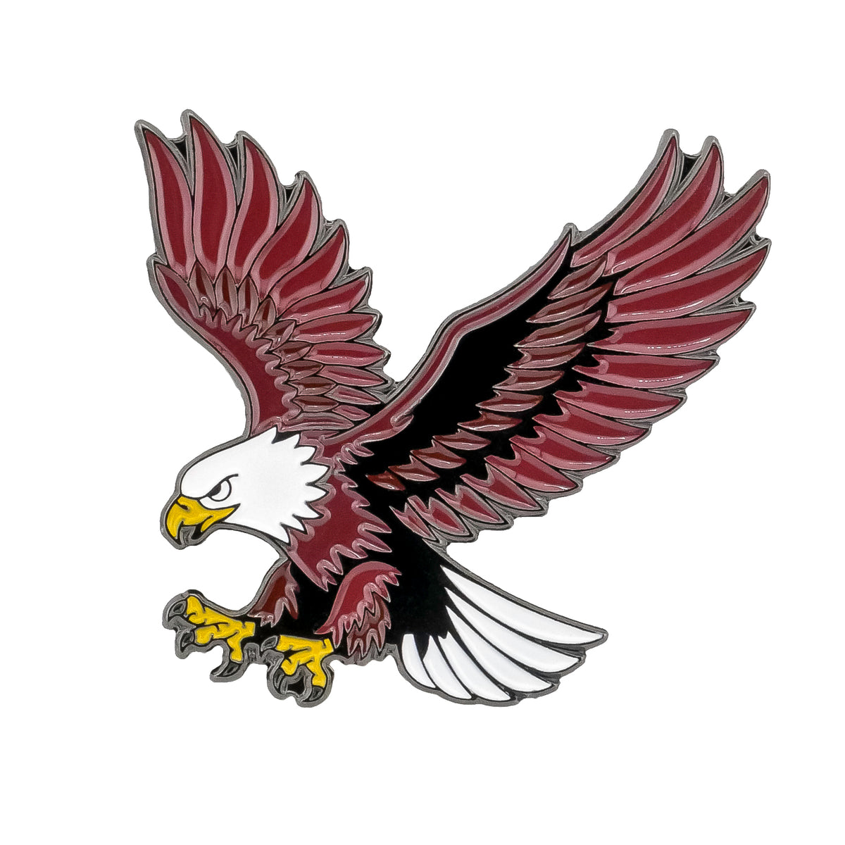 Showcasing a striking illustration of a bald eagle with its iconic white head and tail, yellow beak and claws, and broad outstretched wings as it swoops down with fierce determination, the Bald Eagle Ball Marker by Ballmarkers.com embodies the spirit of American wildlife—an inspiring choice for patriotic golf accessories.