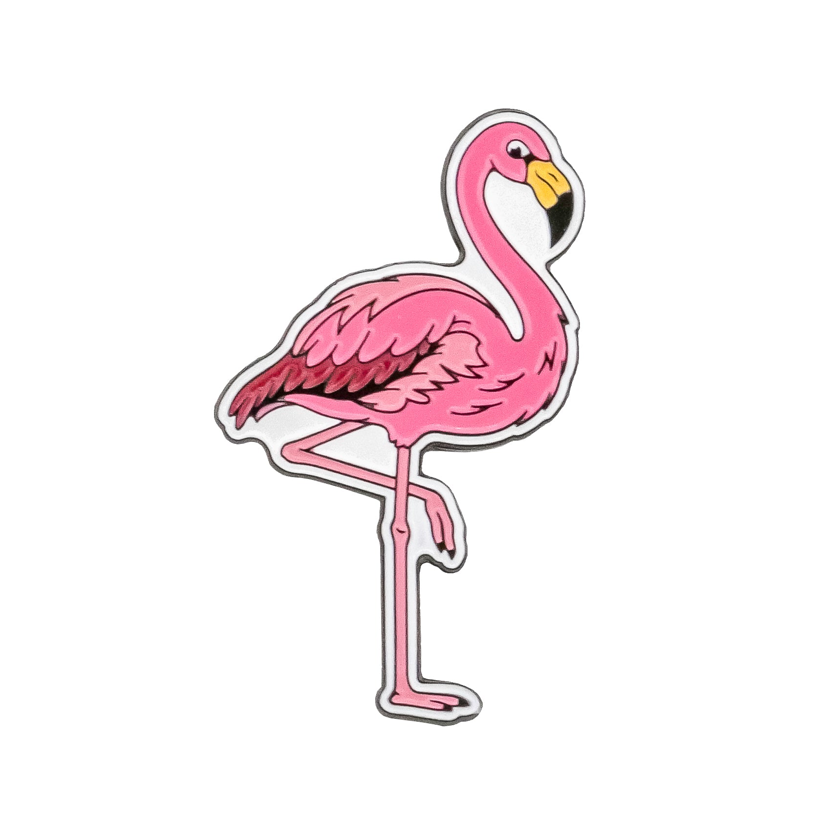 Add a touch of tropical fun to your golf game with the Flamingo Ball Marker by Ballmarkers.com, featuring a playful cartoon-style pink flamingo standing on one leg with a striking yellow and black beak—perfect for beach vibes and lively golf accessories.