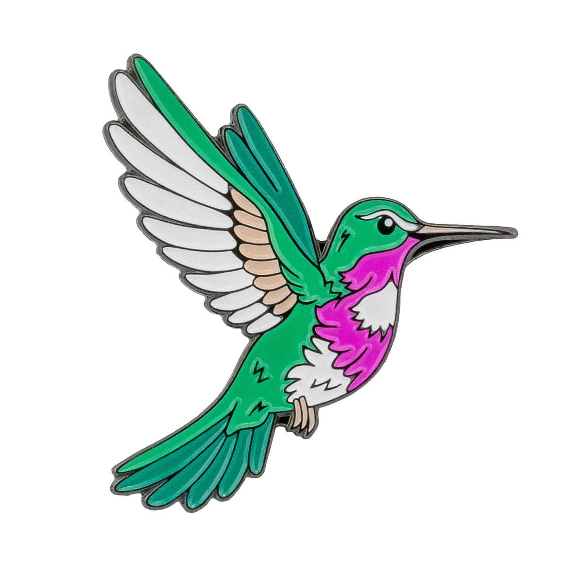 Add color and product identifiers while rewriting: Showcasing Ballmarkers.com’s Hummingbird Ball Marker, this unique golf accessory features a vivid illustration of a hummingbird in flight, with striking green wings, a pink-and-white chest, and an elongated pointed beak on a clean white background—an eye-catching choice for any golfer seeking standout style.