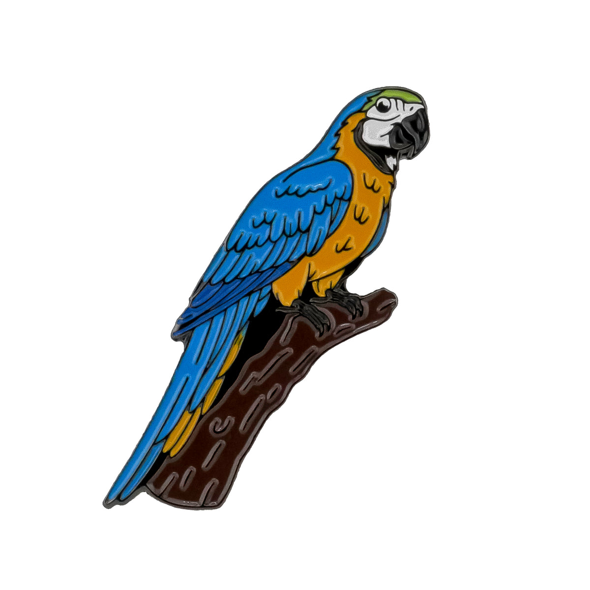 A vibrant illustration of a blue and yellow macaw with green accents, perched on a brown branch against a white background, beautifully showcases the exotic allure of these birds. This striking artwork is also featured on the Macaw Ball Marker by Ballmarkers.com—one of our unique golf accessories designed especially for bird enthusiasts.