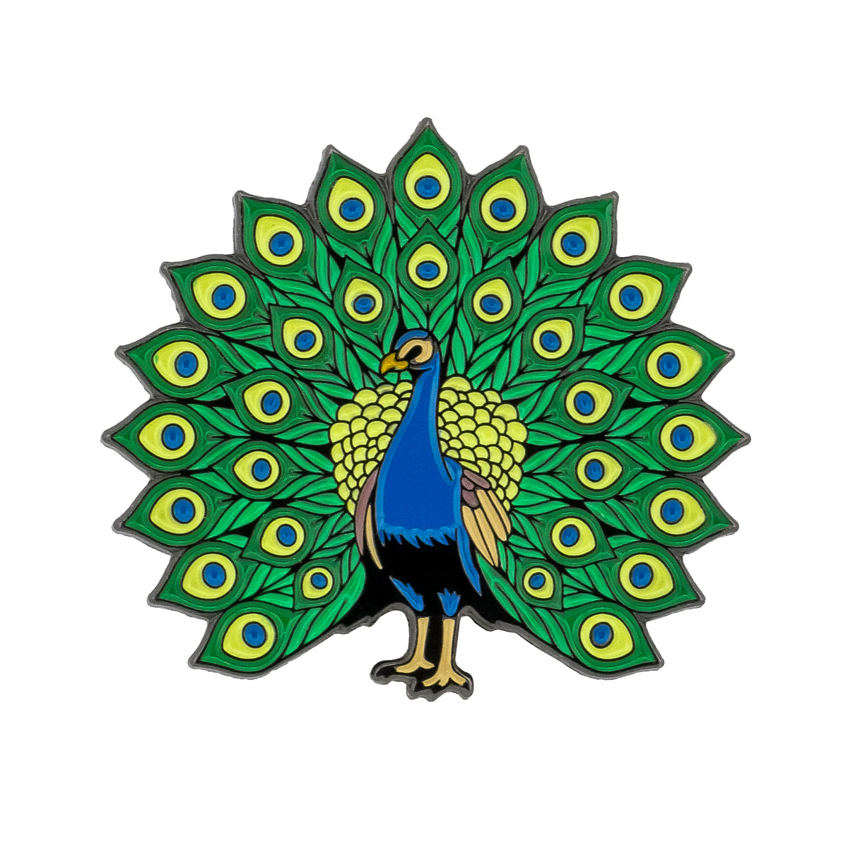 A striking Peacock Ball Marker from Ballmarkers.com, featuring a vibrant illustration of a peacock with vivid blue and yellow feathers and an eye-catching green fanned tail—an ideal accessory for exotic bird lovers or anyone looking to add colorful flair to their golf gear.