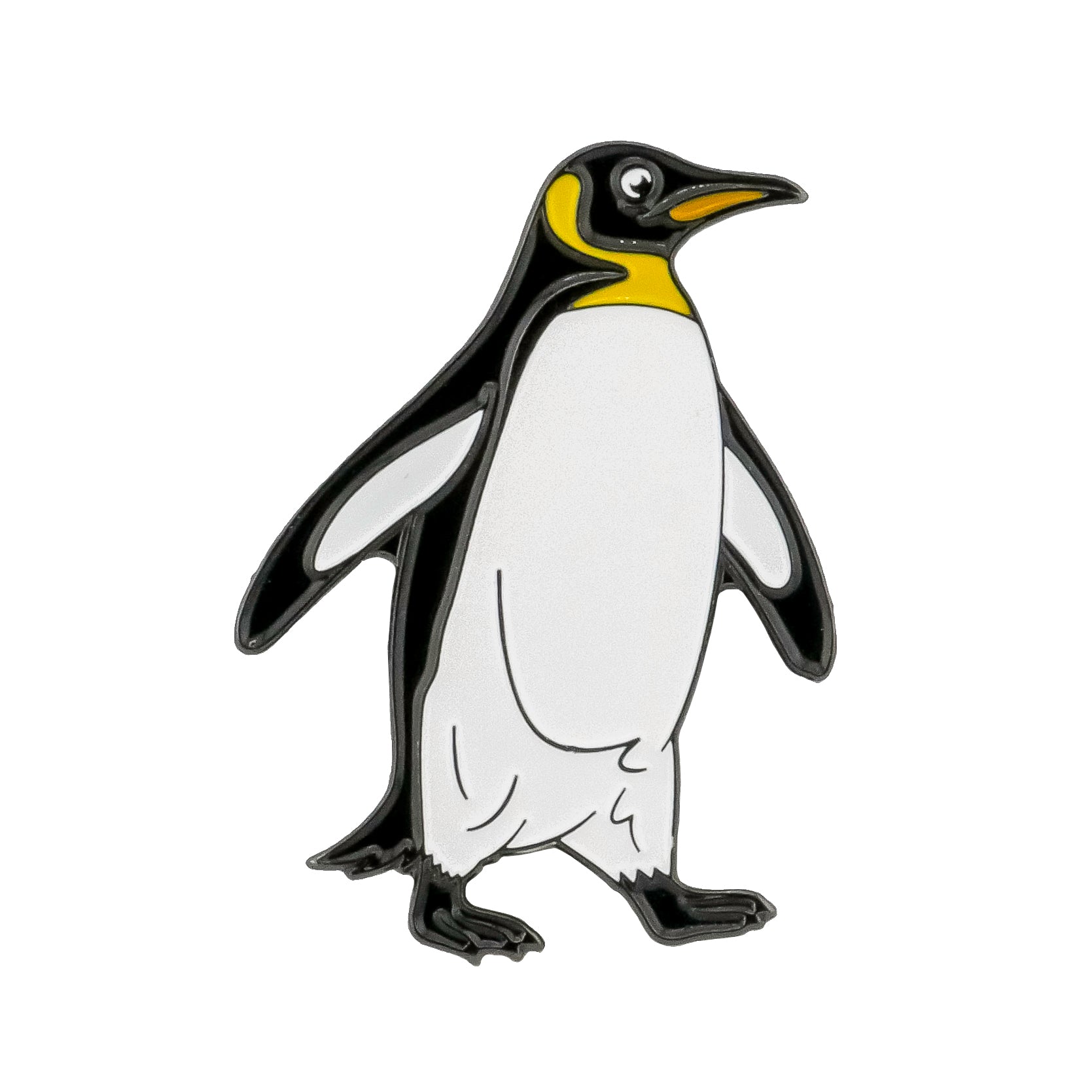 Featuring an illustration of a standing emperor penguin with a yellow-orange patch on its neck and a white belly, facing slightly to the right on a plain white background, the Penguin Ball Marker by Ballmarkers.com is perfect for golfers seeking distinctive and unique animal-themed golf accessories.
