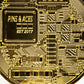 A close-up of the Pins and Aces Bitcoin Ball Marker—a gold coin with circuit patterns and chrome finish, engraved with PINS & ACES EST 2017—ideal as a unique golf ball marker.