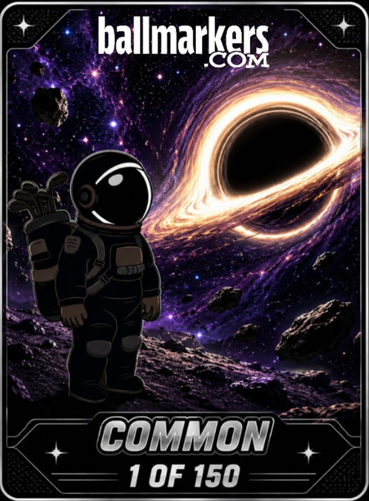 A cartoon astronaut stands on an asteroid in space with a swirling black hole in the background, featuring the Astronaut Walker Mystery Blind Bag by Ballmarkers.com. Text reads Ballmarkers.com, COMMON, and 1 OF 150—perfect for any golf ball marker enthusiast.