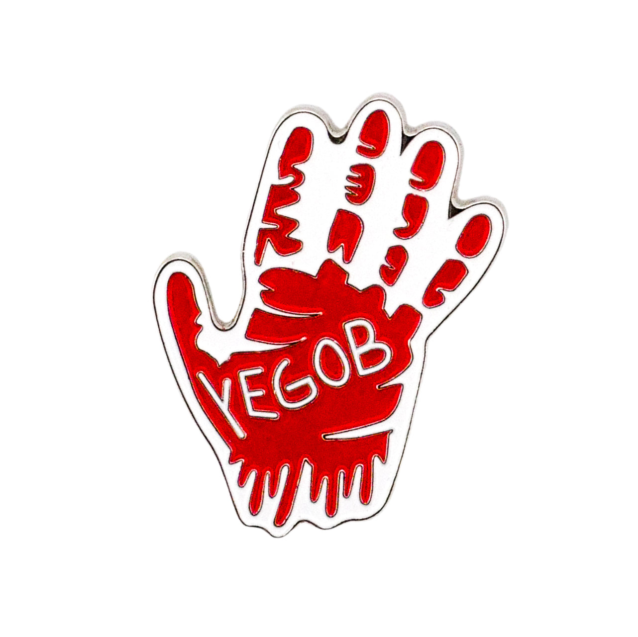 The Bloody Bogey RH Ball Marker by Ballmarkers.com is an enamel pin shaped like a hand with red splatters and "YEGOB" in white—perfect for horror movie fans or adding REDRUM vibes to your collection.
