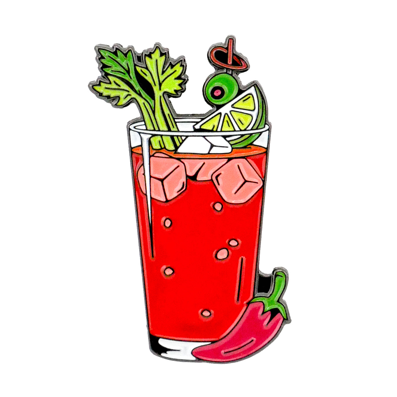 The Bloody Mary Ball Marker by Ballmarkers.com features a glass with ice, celery, lime, an olive, and a cocktail stick beside a red chili—an ideal addition to any cocktail-themed collection.