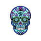 The Logie Joe's Golf Blue Sugar Skull ball marker features diamond eyes, vivid blue, purple, and green patterns with lightning bolt and star accents—an artistic golf accessory for any player.