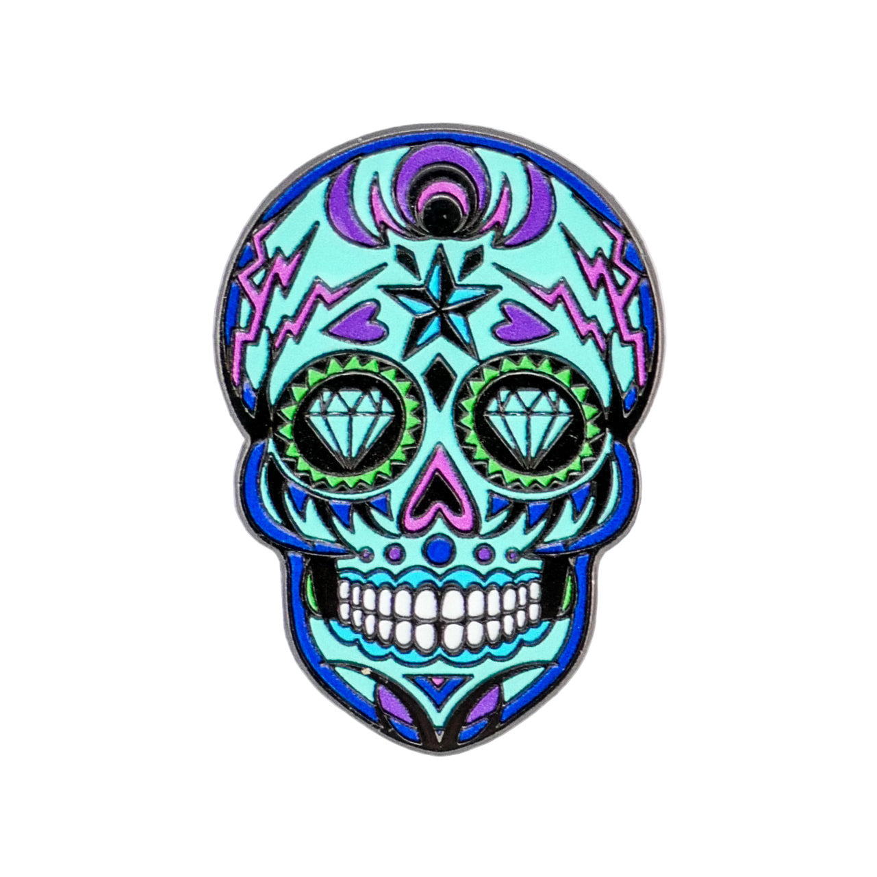 The Logie Joe's Golf Blue Sugar Skull ball marker features diamond eyes, vivid blue, purple, and green patterns with lightning bolt and star accents—an artistic golf accessory for any player.