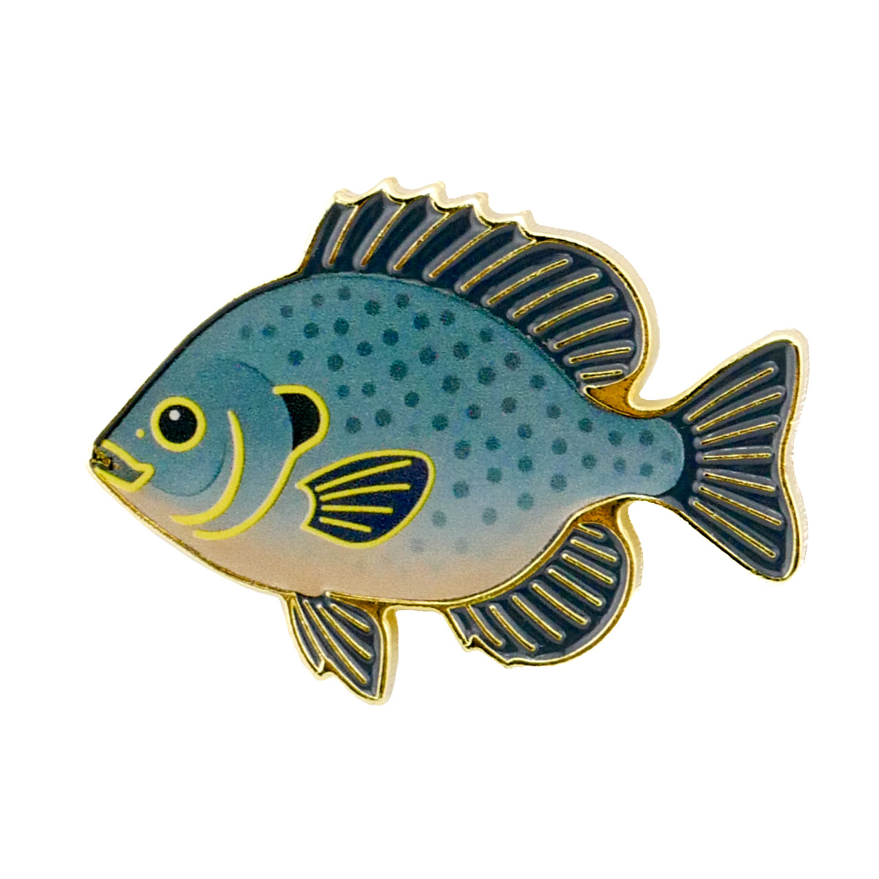 Logie Joe's Golf Bluegill Ball Marker features a blue fish with yellow accents, dark blue spots, and gold-outlined fins on a white background—ideal for artistic golf accessories.