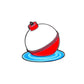 A round red and white Bobber from Logie Joe's Golf, illustrated floating on blue water against a white background, resembles a magnetic ball marker among premium golf accessories for golfers.