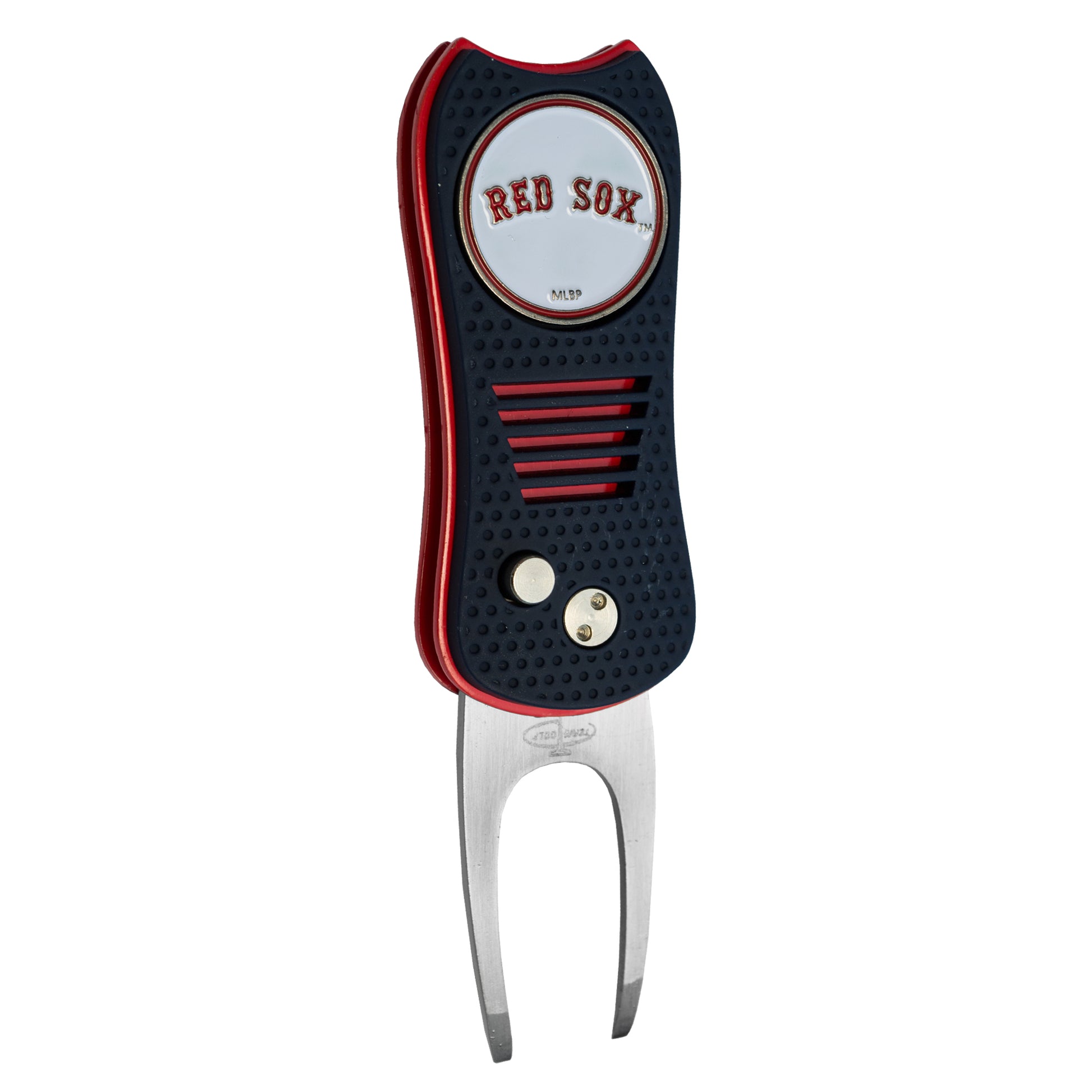 The MLB Switchfix Divot Tool with Ball Marker by MLB features a black and red switchblade design, a circular Red Sox logo, two metal prongs, and a magnetic ball marker—part of the official Team Switchfix Divot Tools collection.