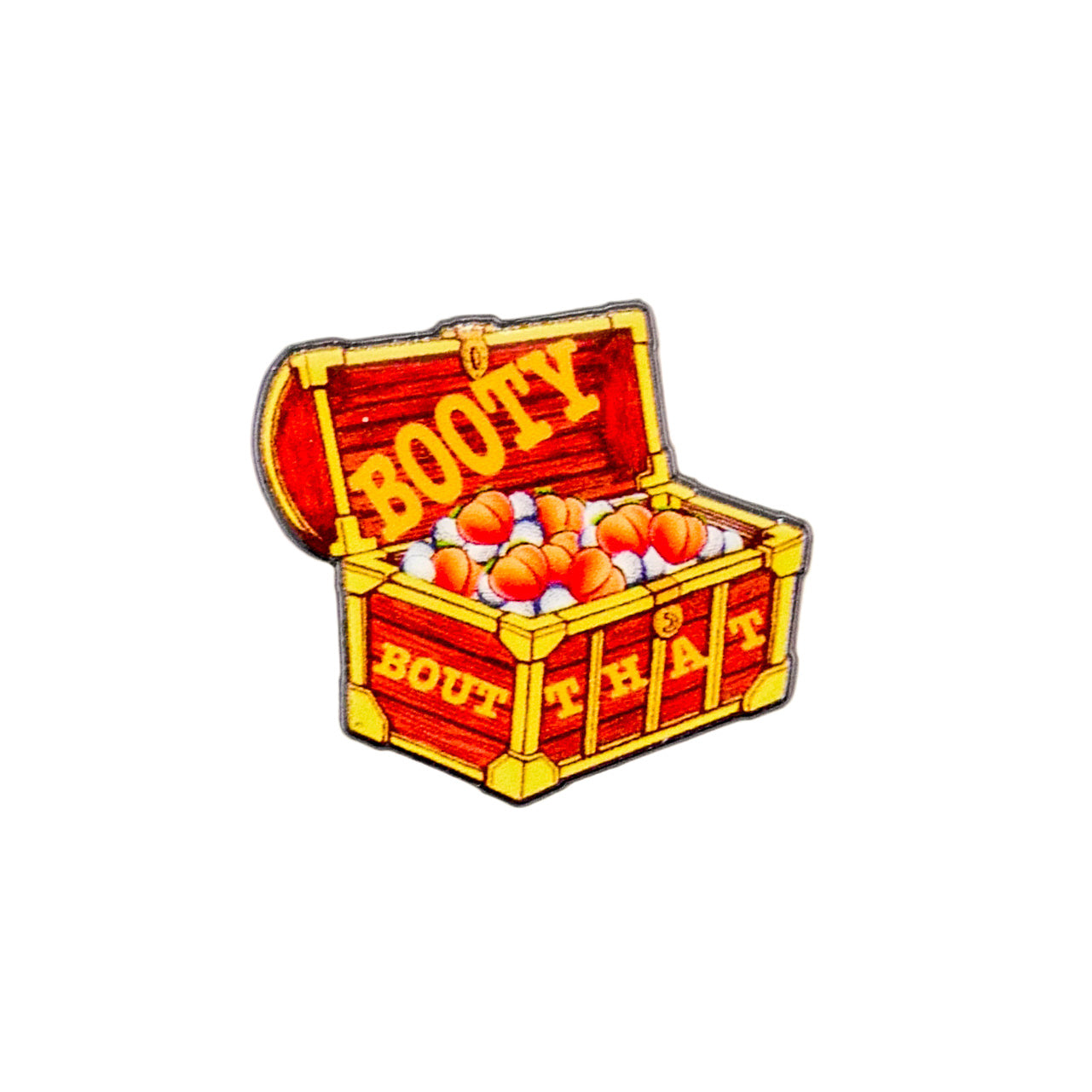 The Bout That Booty ball marker by Logie Joe’s Golf features an open wooden treasure chest with vibrant gems, coins, and the word BOOTY in bold yellow—ideal for golf fans seeking a standout artistic accessory.