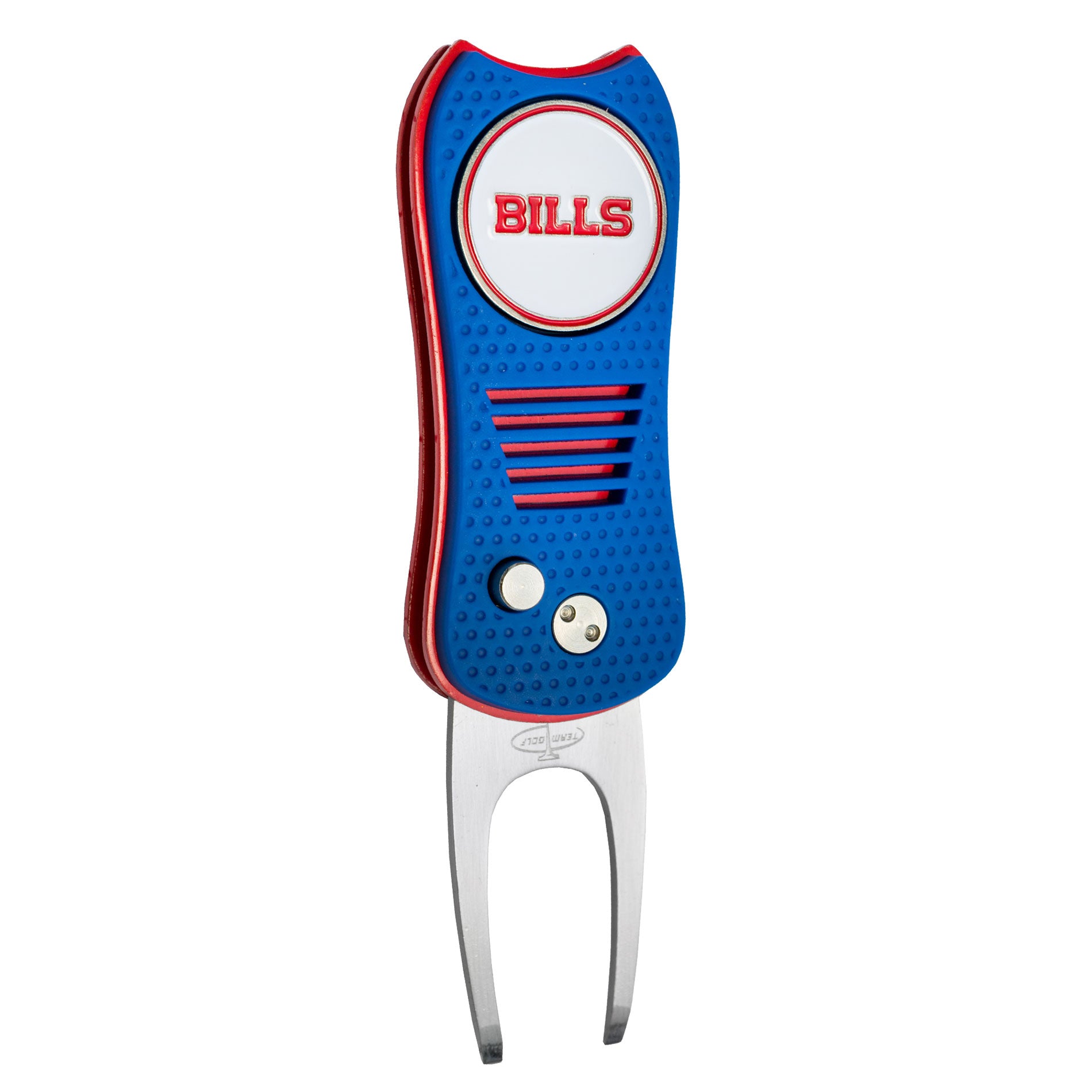 The NFL Switchfix Divot Tool with Ball Marker by NFL features a textured blue grip, metal prongs, an easy switchblade mechanism, and a white circular magnetic marker with "BILLS" in red near the top.
