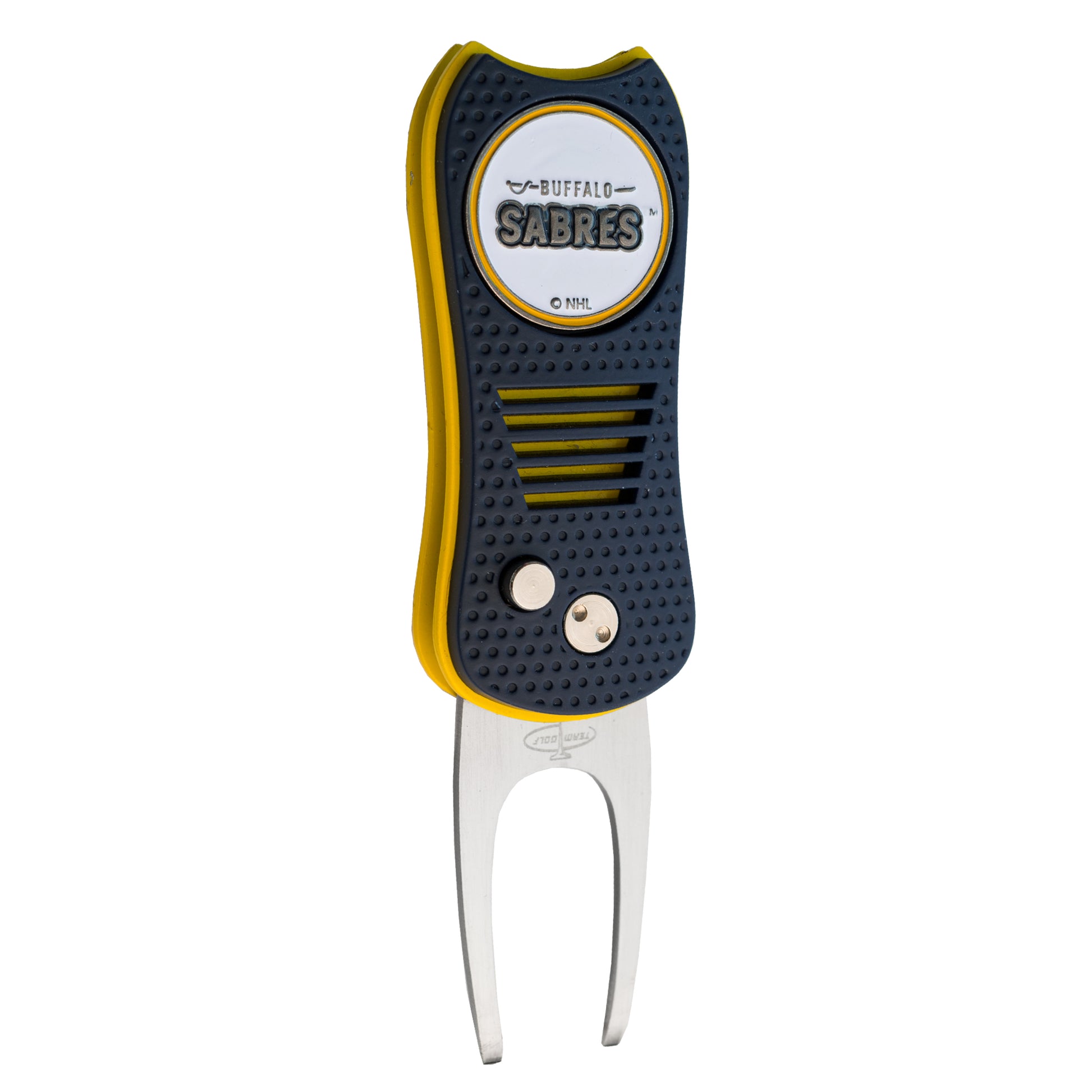 The Ballmarkers.com NHL Switchfix Divot Tool with Ball Marker features a Buffalo Sabres logo, blue and yellow handle, magnetic ball marker, and switchblade-style metal prongs for repairing golf greens.