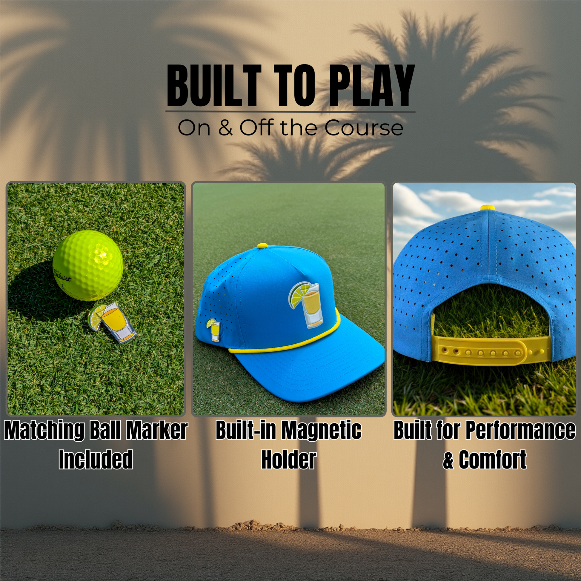 The Logie Joe's Golf Dino Nugget Snapback Hat + Matching Ball Marker is shown in three views: this blue and yellow golf hat has a perforated back, magnetic ball marker holder, and comes with a matching marker on grass.