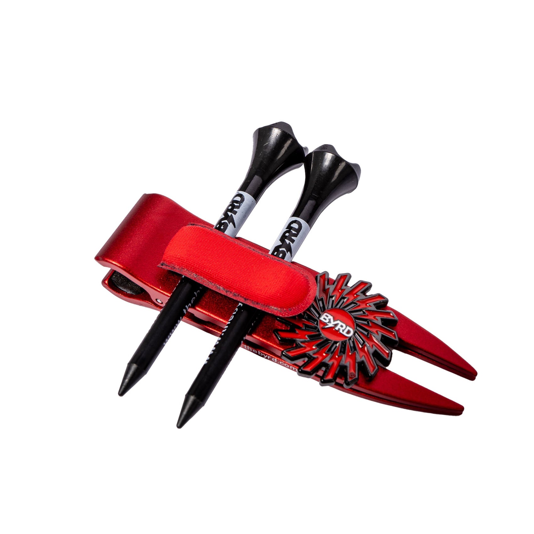A HOT PRODUCT: THE BYRD GOLF DIVOT CLYP by The Byrd, LLC organizes your gear with 2 black golf tees and a stylish black and red clip—all attached. LOW STOCK—grab yours now!.