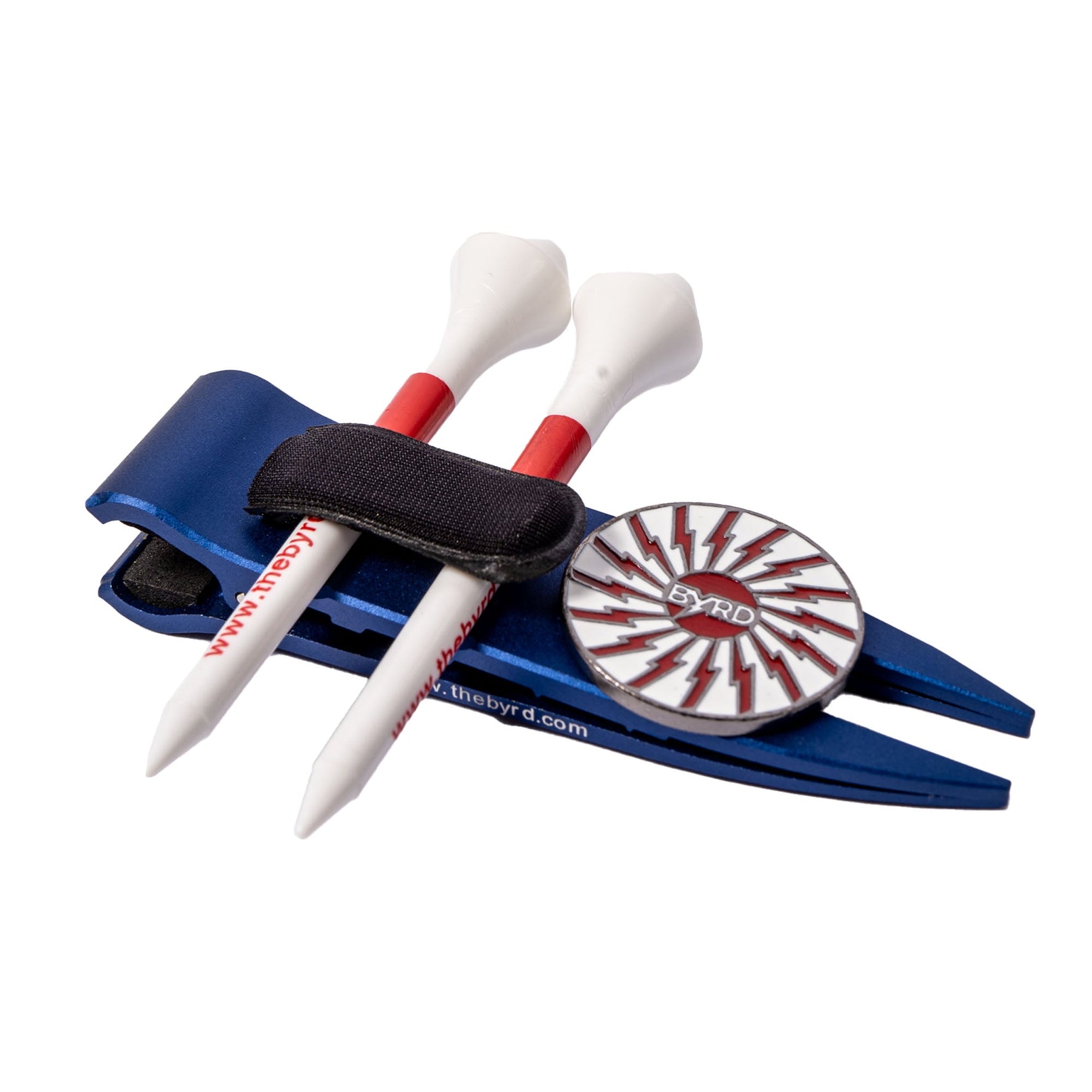 THE BYRD GOLF DIVOT CLYP by The Byrd, LLC organizes your gear—features a blue hat clip, two white tees with red accents, and a magnetic ball marker with a lightning bolt and "BYRD." Hot product—grab yours before they’re gone!.