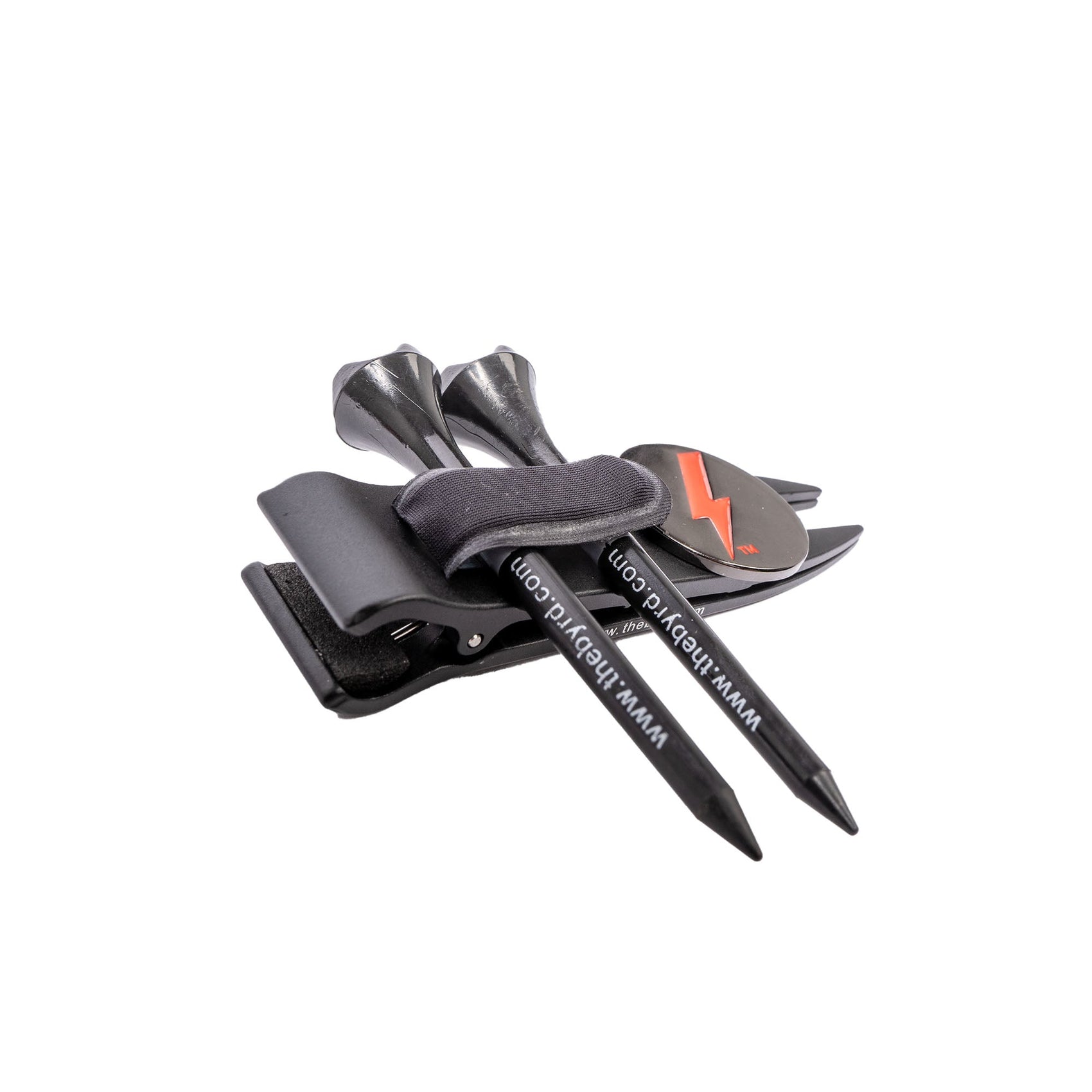 The Byrd, LLC’s THE BYRD GOLF DIVOT CLYP organizes your gear with a black tee holder, two black tees, and a ball marker featuring a red lightning bolt—all held by an elastic strap. Low stock—order yours now!.