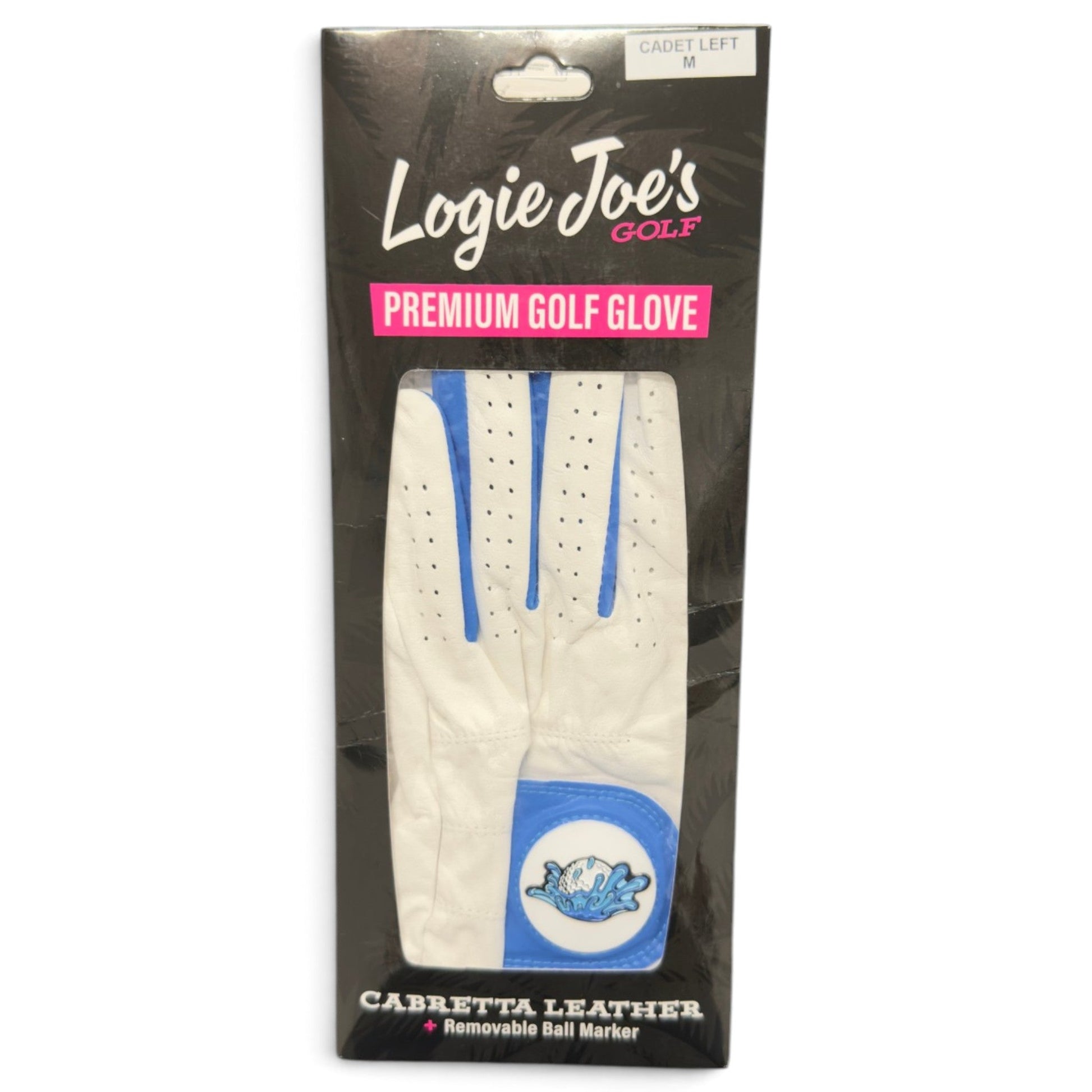 A packaged Logie Joe’s Golf Water Ball Cabretta Leather Golf Glove in white and blue, size medium for the left hand, featuring a premium cabretta leather construction with a magnetic ball marker.