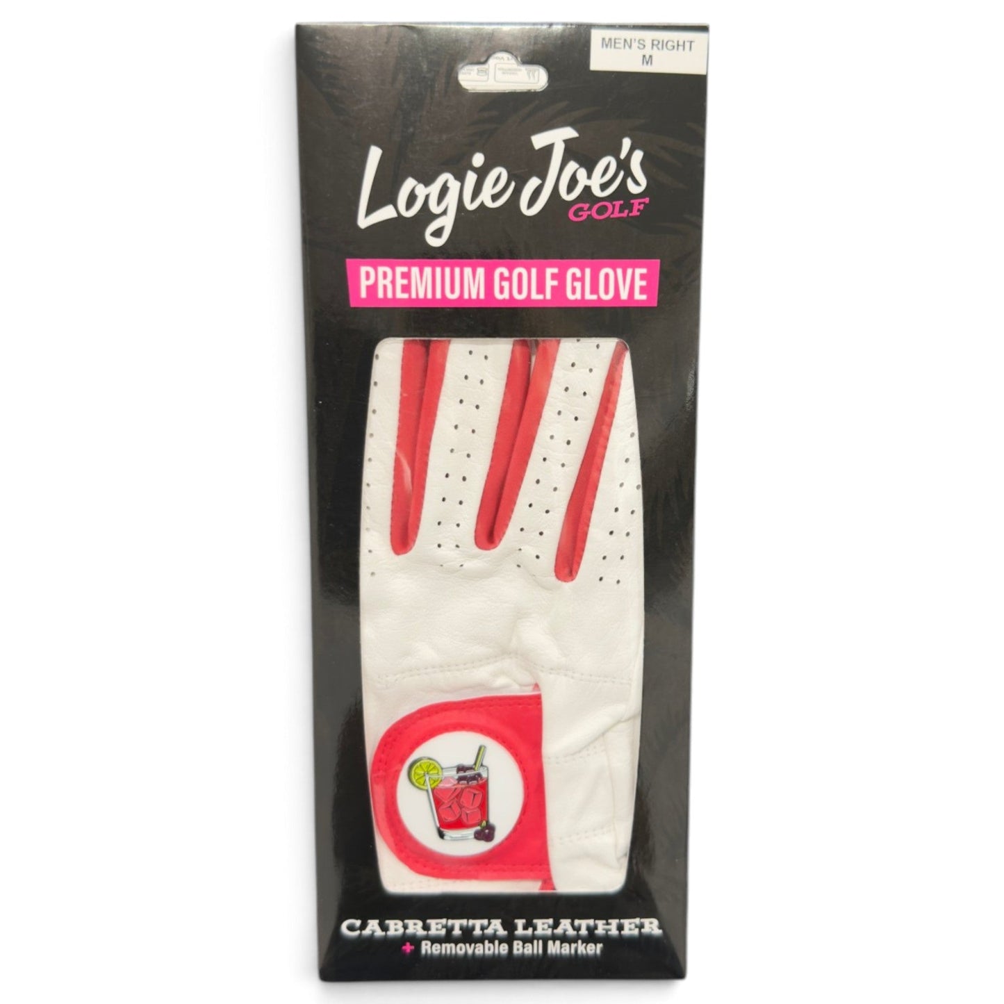 A package of Logie Joe’s Golf Transfusion Cabretta Leather Golf Glove, men’s right, size medium. This premium golf glove is made from white Cabretta leather with red accents and includes a removable magnetic ball marker with a drink illustration.