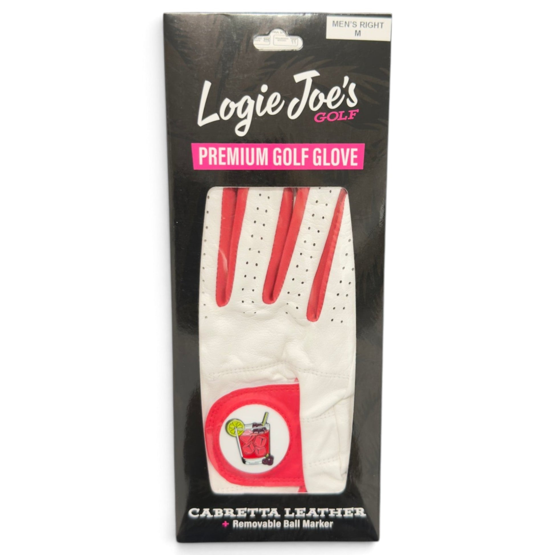 A package of Logie Joe’s Golf Transfusion Cabretta Leather Golf Glove, men’s right, size medium. This premium golf glove is made from white Cabretta leather with red accents and includes a removable magnetic ball marker with a drink illustration.