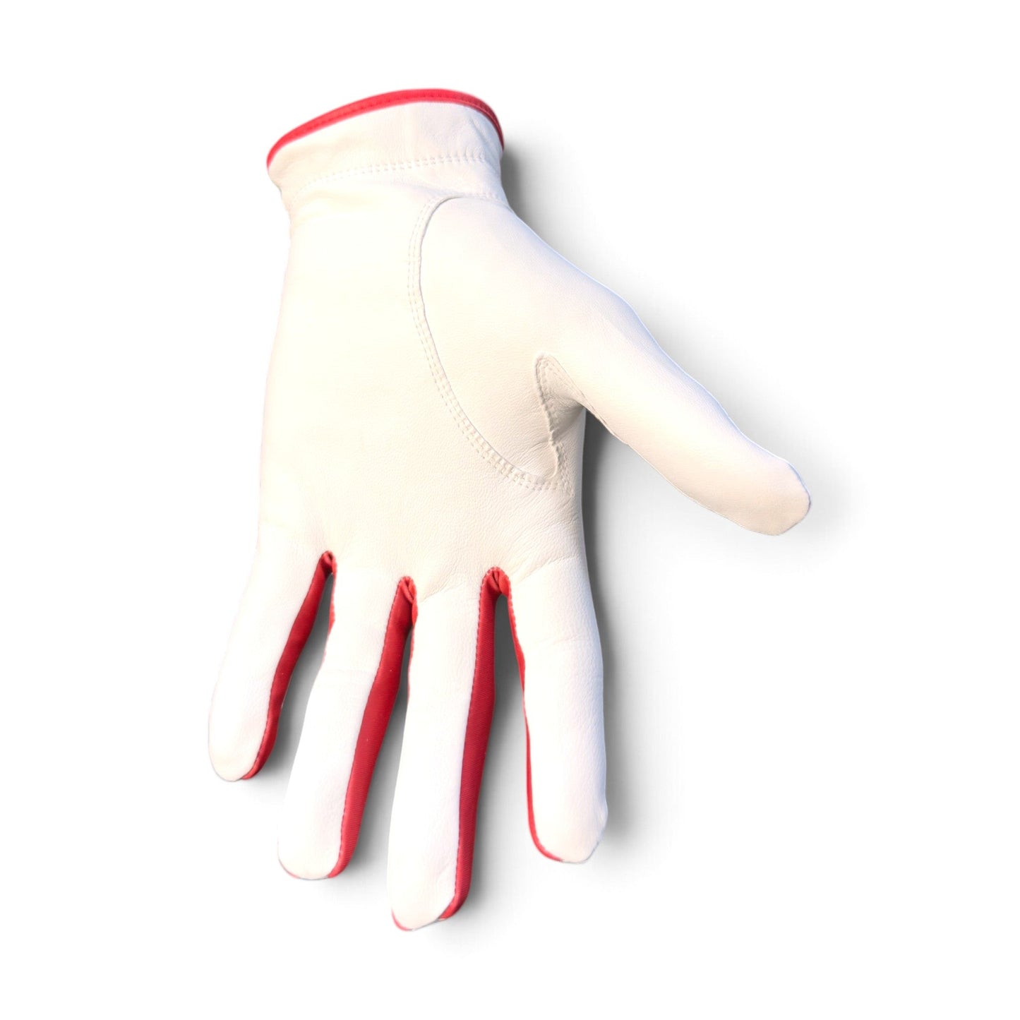 Introducing the Transfusion Cabretta Leather Golf Glove from Logie Joe’s Golf—a premium glove crafted for comfort and performance. Featuring red trim along the edges and between the fingers, this stylish glove is displayed palm down on a white background. It includes a convenient magnetic ball marker and is available for both left and right hands in standard and cadet sizes.