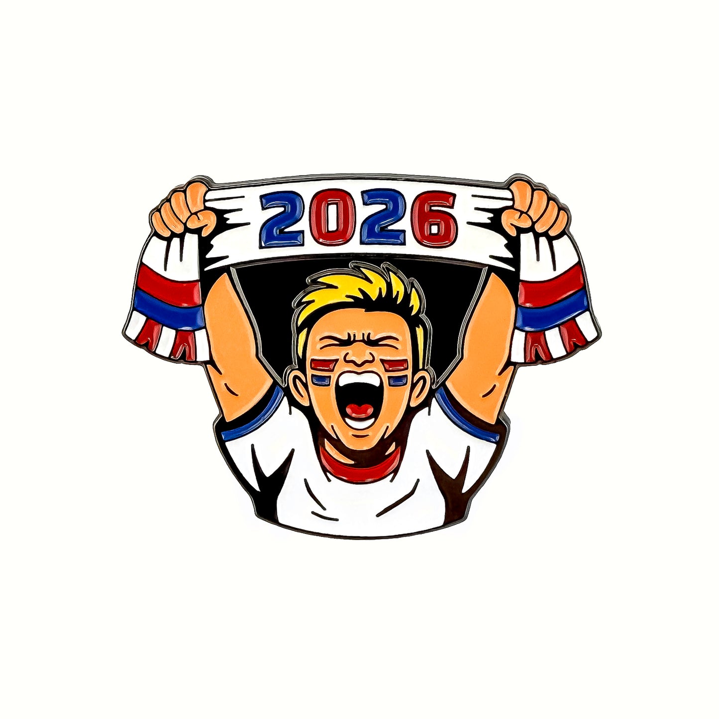 Cartoon of a cheering fan with face paint, holding a "2026" scarf in red and blue, wearing a white shirt with red, white, and blue accents. Celebrate international football excitement with the 2026 Fan Ball Marker by Ballmarkers.com.