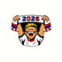 Cartoon of a cheering fan with face paint, holding a "2026" scarf in red and blue, wearing a white shirt with red, white, and blue accents. Celebrate international football excitement with the 2026 Fan Ball Marker by Ballmarkers.com.