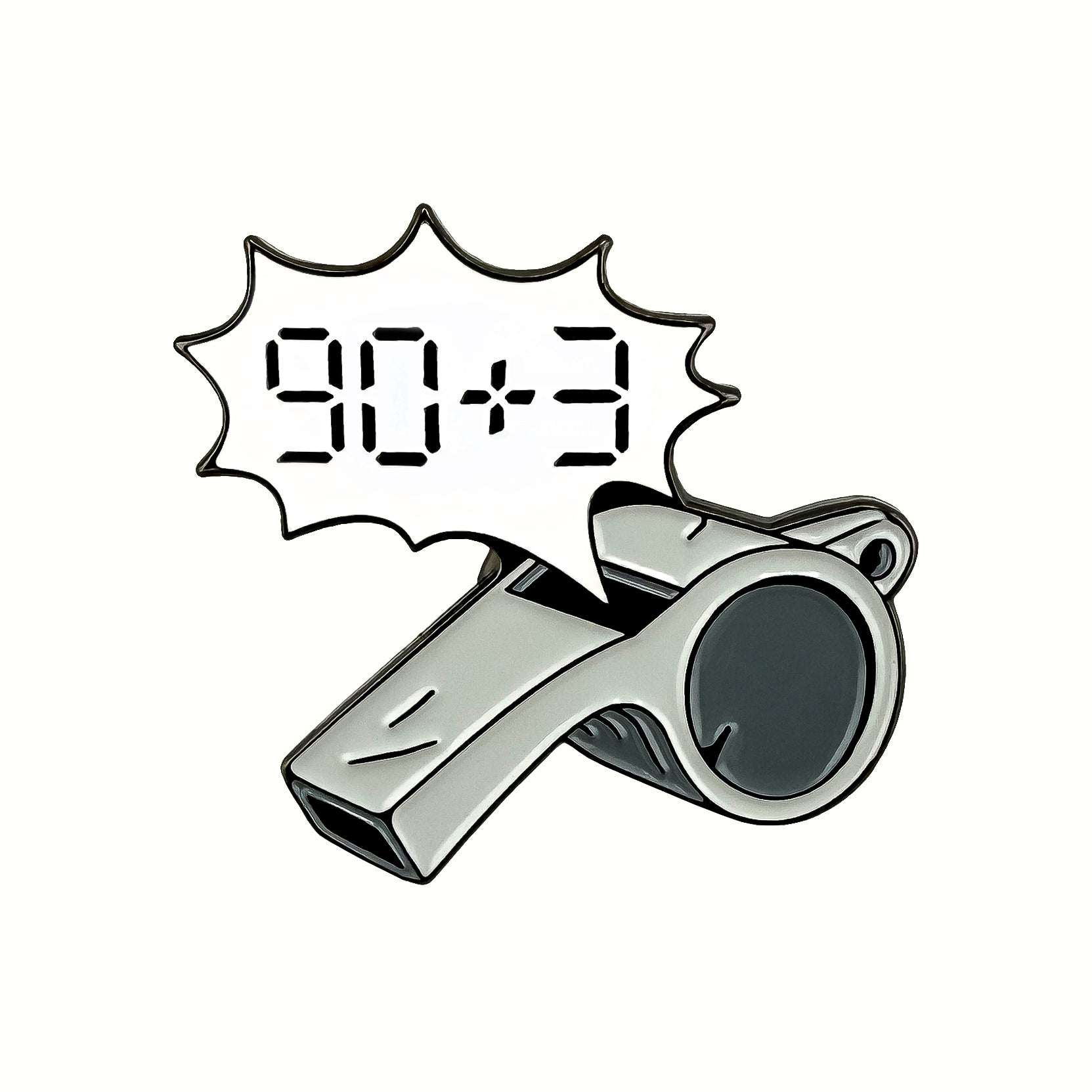 The Extra Time Ball Marker by Ballmarkers.com features a silver referee whistle and a speech bubble with bold 90+3 digital numbers—ideal for soccer fans who love the excitement of stoppage time.
