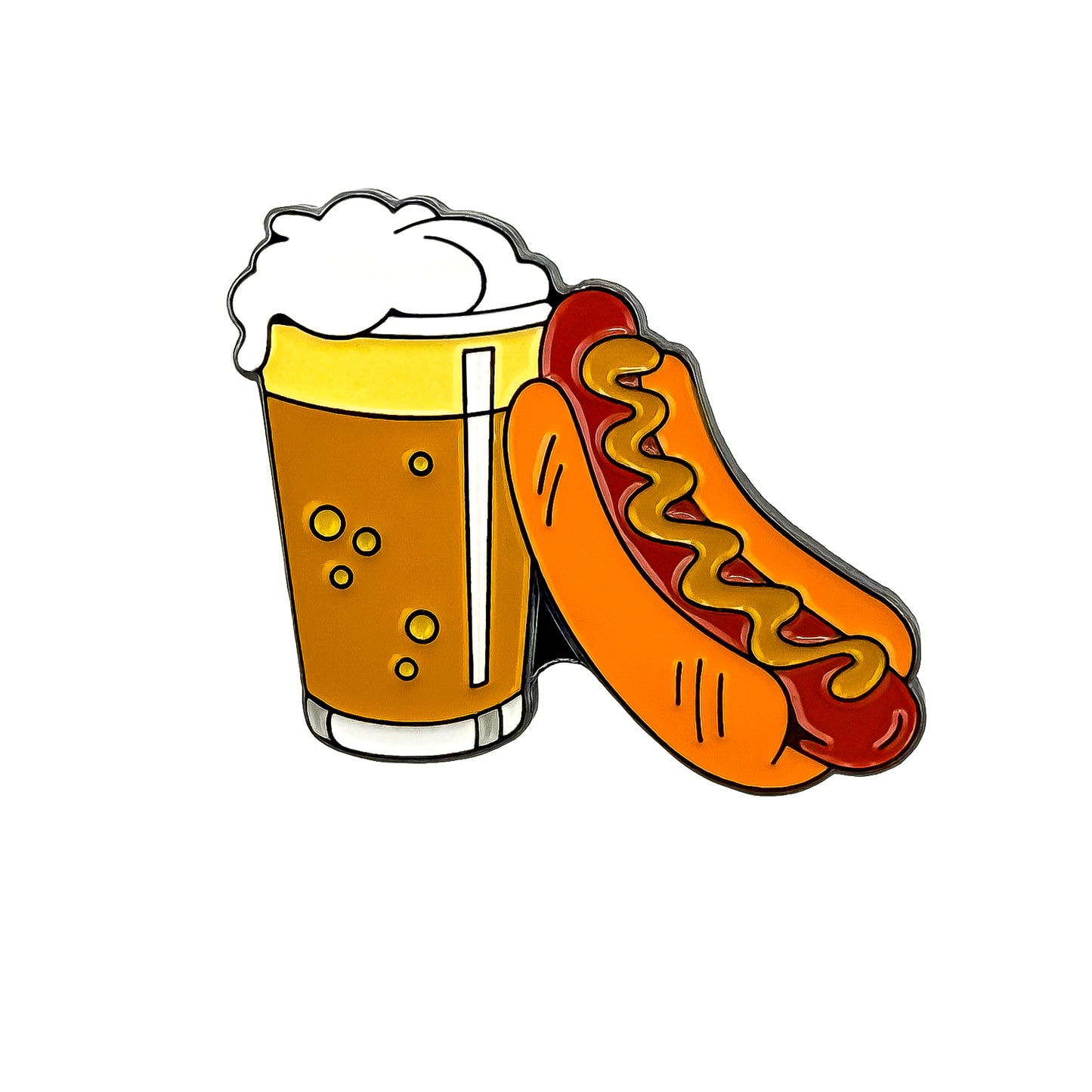 The Glizzy and Beer Ball Marker by Ballmarkers.com features a cartoon beer and mustard hot dog, designed as a fun tailgate golf accessory on a white background.