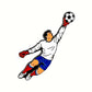 Illustration of a soccer goalie in white jersey and blue shorts, leaping with one arm extended to catch the black-and-white Goal Tender Ball Marker by Ballmarkers.com.