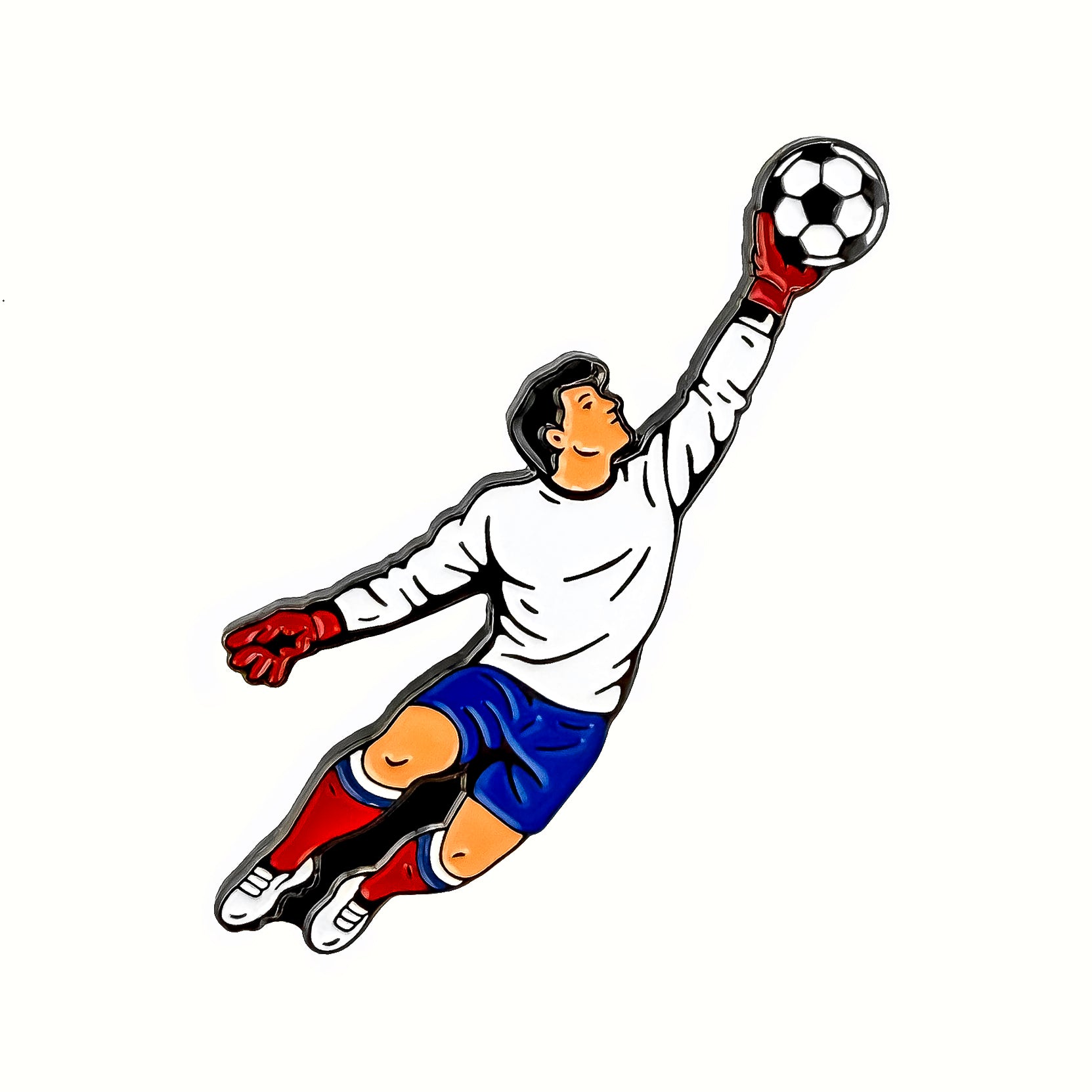 Illustration of a soccer goalie in white jersey and blue shorts, leaping with one arm extended to catch the black-and-white Goal Tender Ball Marker by Ballmarkers.com.