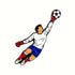 Illustration of a soccer goalie in white jersey and blue shorts, leaping with one arm extended to catch the black-and-white Goal Tender Ball Marker by Ballmarkers.com.