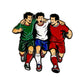 The Host Countries Ball Marker by Ballmarkers.com features three animated soccer players in green, white, and red uniforms walking arm-in-arm, celebrating international competition against a crisp white background. Perfect for soccer enthusiasts!.