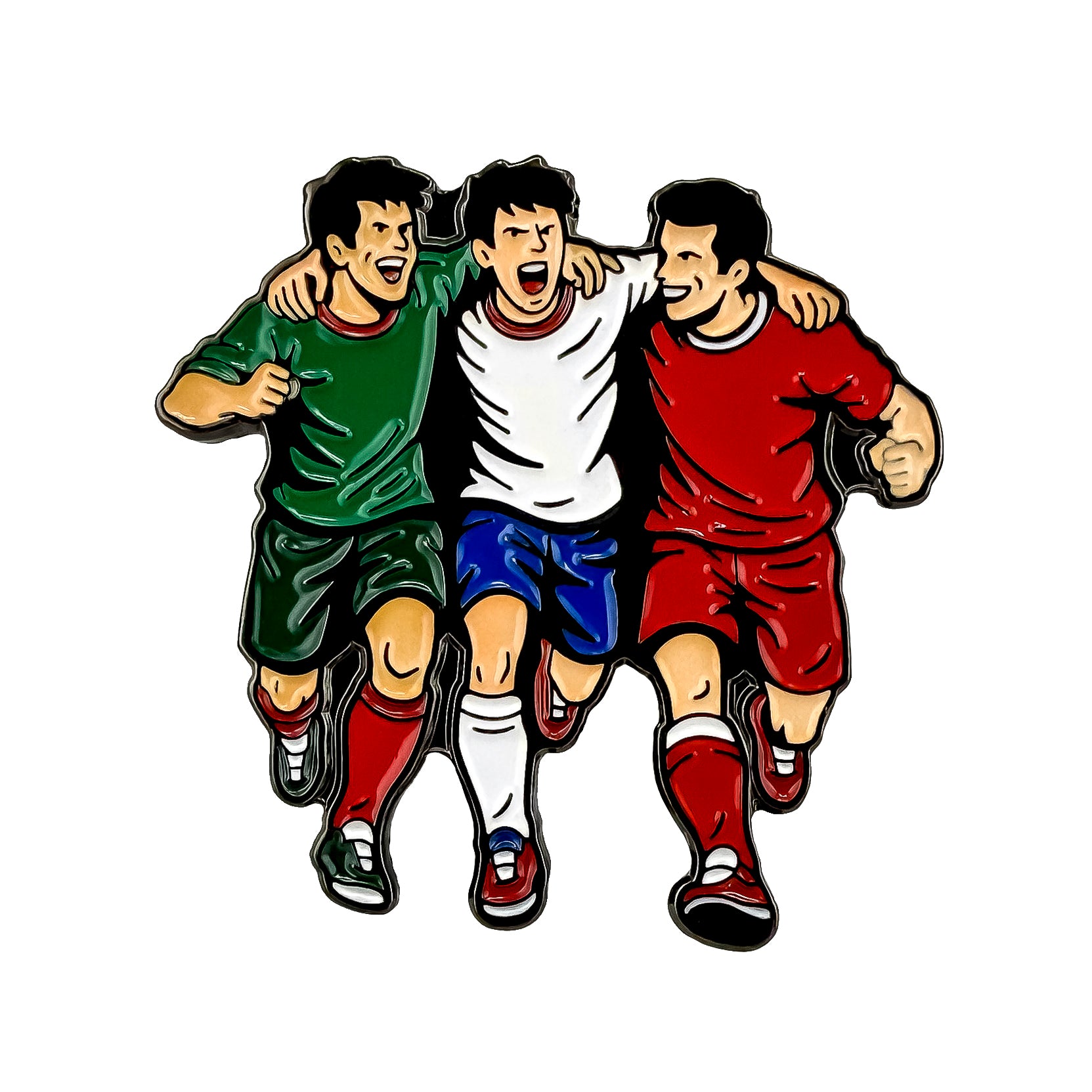 The Host Countries Ball Marker by Ballmarkers.com features three animated soccer players in green, white, and red uniforms walking arm-in-arm, celebrating international competition against a crisp white background. Perfect for soccer enthusiasts!.