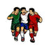 The Host Countries Ball Marker by Ballmarkers.com features three animated soccer players in green, white, and red uniforms walking arm-in-arm, celebrating international competition against a crisp white background. Perfect for soccer enthusiasts!.