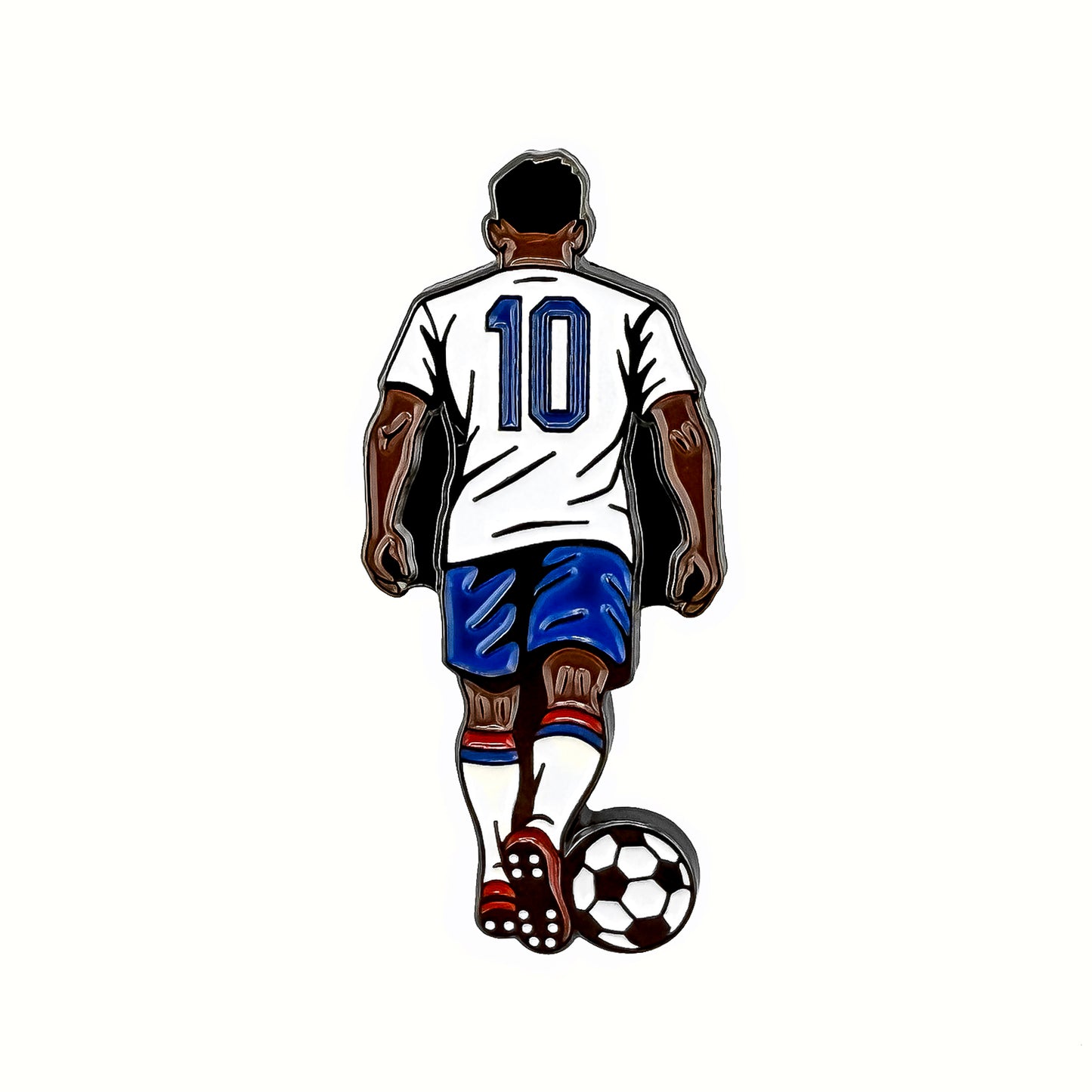 The Iconic #10 Ball Marker by Ballmarkers.com features a soccer-inspired player from behind in a white #10 jersey, blue shorts, red-and-white socks, and red shoes, standing with one foot on a soccer ball.