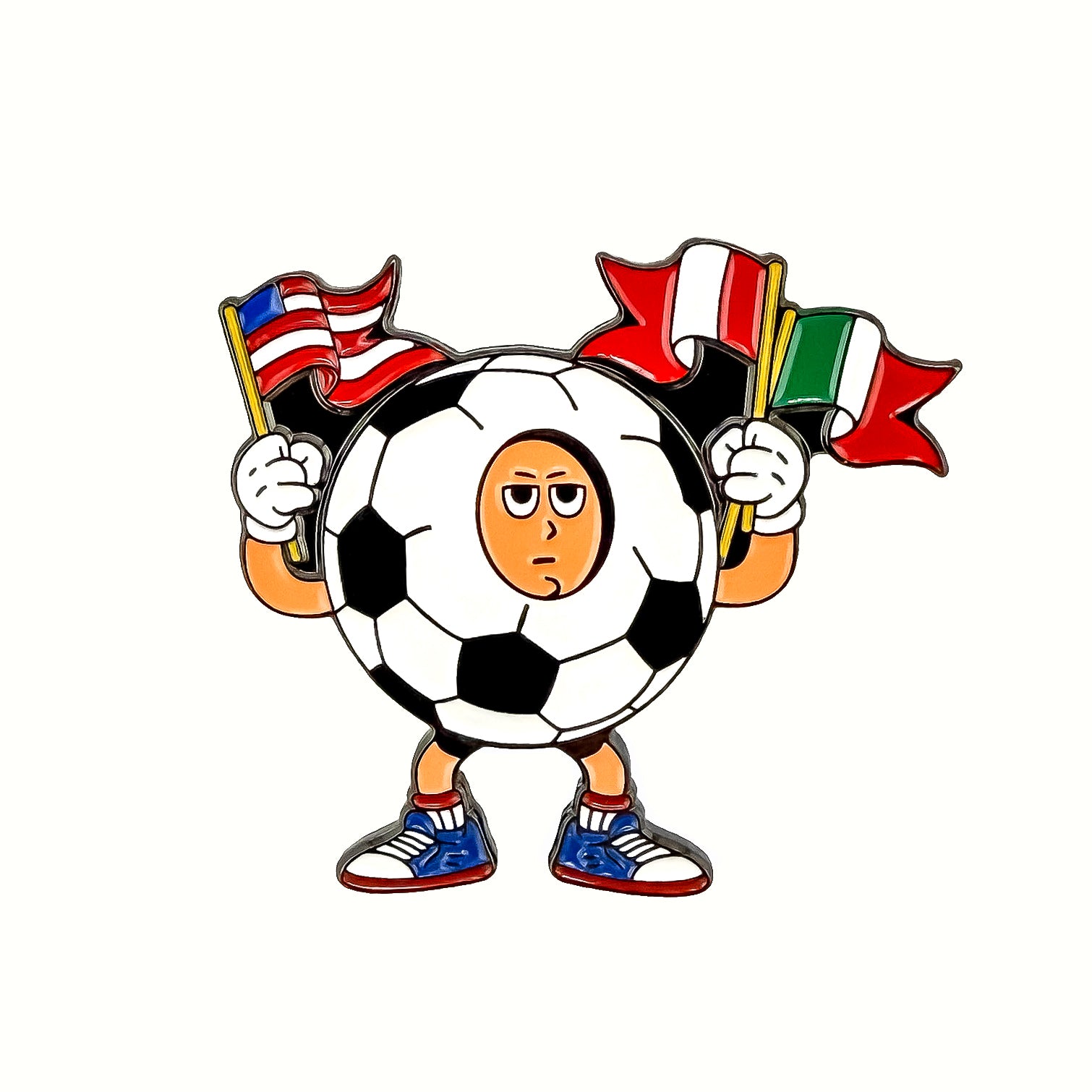 The Mascot Ball Marker by Ballmarkers.com features a cartoon soccer ball with arms, legs, and a neutral face holding an American flag in one hand and Italian flags in the other. Wearing blue and red sneakers, it stands out against a white background.