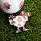 A cartoon soccer ball character with Italian and Mexican flags stands on grass beside the Mascot Ball Marker from Ballmarkers.com, which features American flag patterns—perfect for celebrating international soccer spirit.