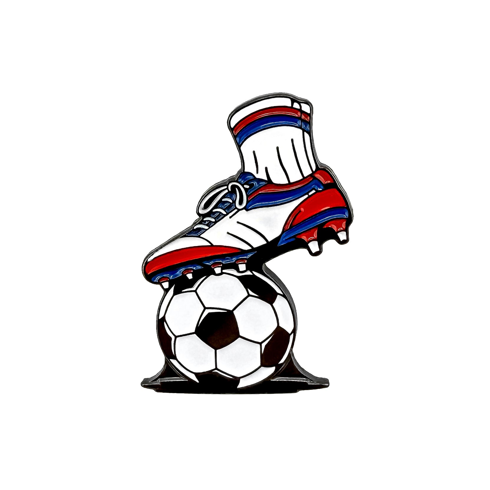 An illustration of the Ballmarkers.com Soccer Ball Ball Marker, featuring a soccer shoe with red, blue, and white accents stepping on a black and white ball, set against a plain white background.