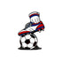 An illustration of the Ballmarkers.com Soccer Ball Ball Marker, featuring a soccer shoe with red, blue, and white accents stepping on a black and white ball, set against a plain white background.