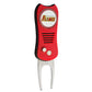 The Ballmarkers.com NHL Switchfix Divot Tool with Ball Marker features a red design, Calgary Flames logo, textured grip, two metal prongs, switchblade action, and a circular white and yellow emblem.