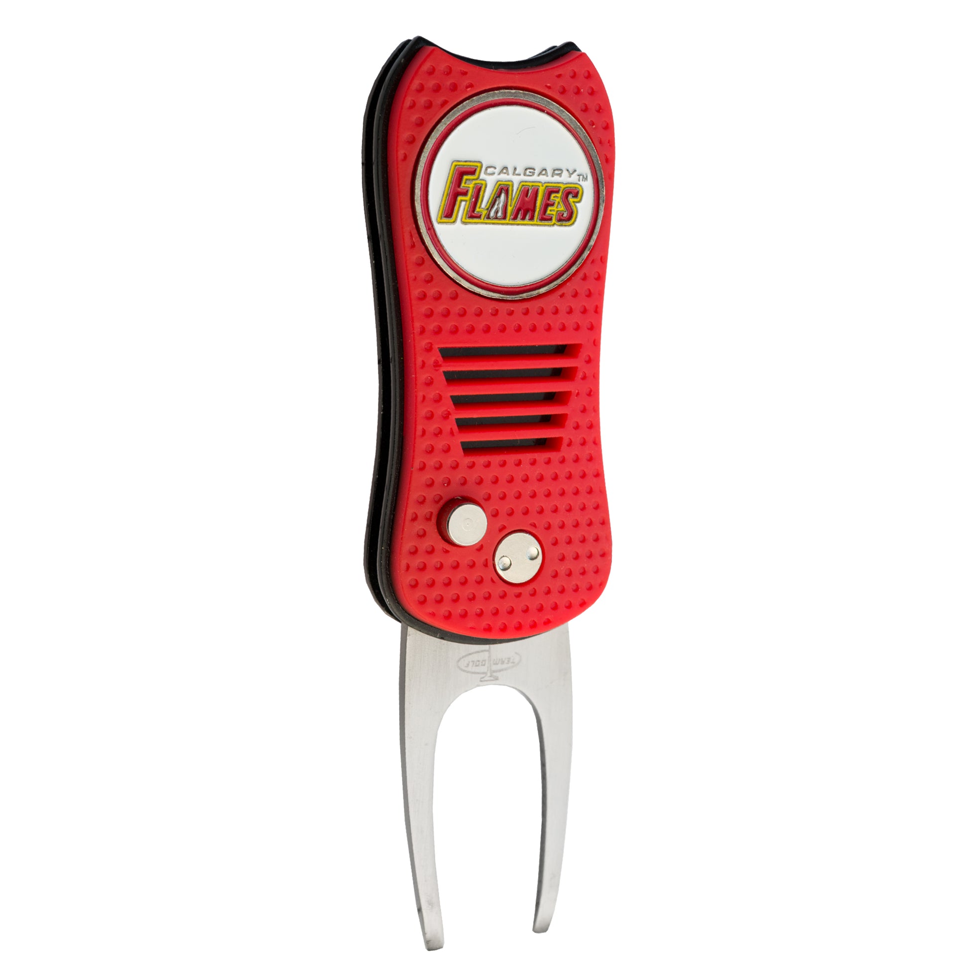 The Ballmarkers.com NHL Switchfix Divot Tool with Ball Marker features a red design, Calgary Flames logo, textured grip, two metal prongs, switchblade action, and a circular white and yellow emblem.