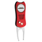 The Ballmarkers.com NHL Switchfix Divot Tool with Ball Marker features a red and black Carolina Hurricanes logo, magnetic ball marker, switchblade mechanism, textured grip, dual buttons, and sturdy metal prongs.