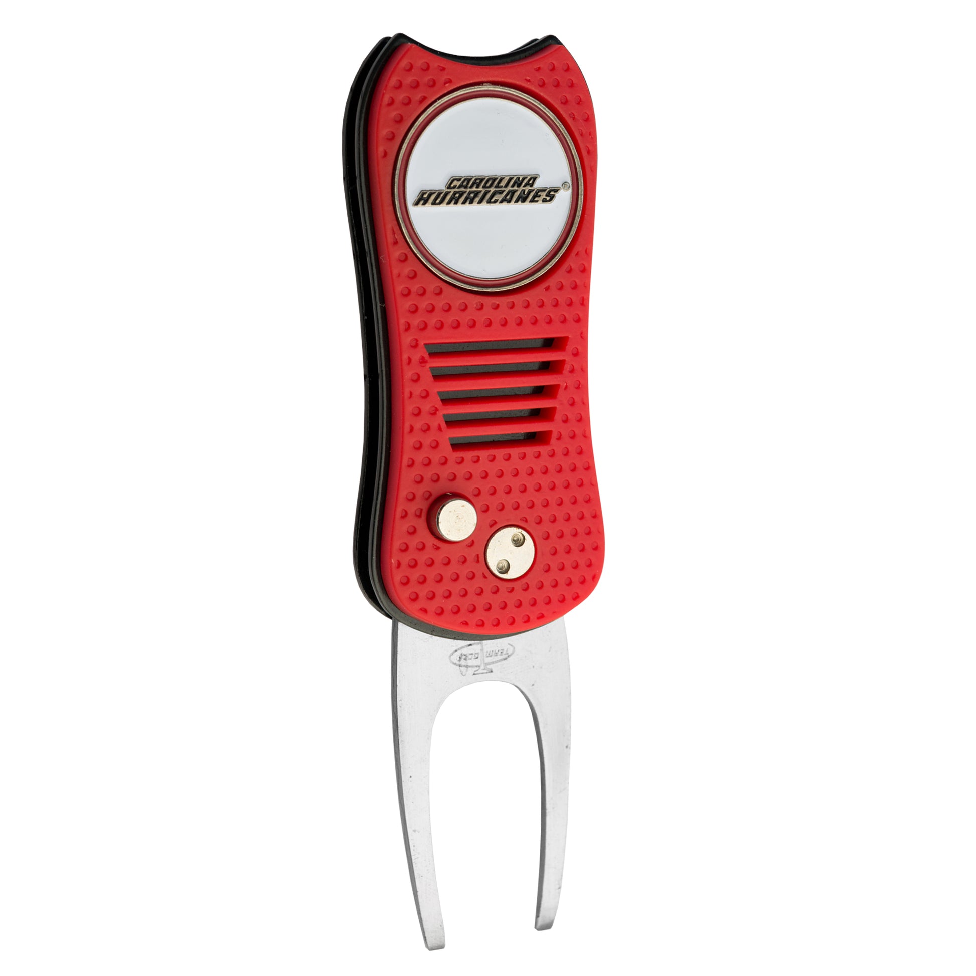 The Ballmarkers.com NHL Switchfix Divot Tool with Ball Marker features a red and black Carolina Hurricanes logo, magnetic ball marker, switchblade mechanism, textured grip, dual buttons, and sturdy metal prongs.