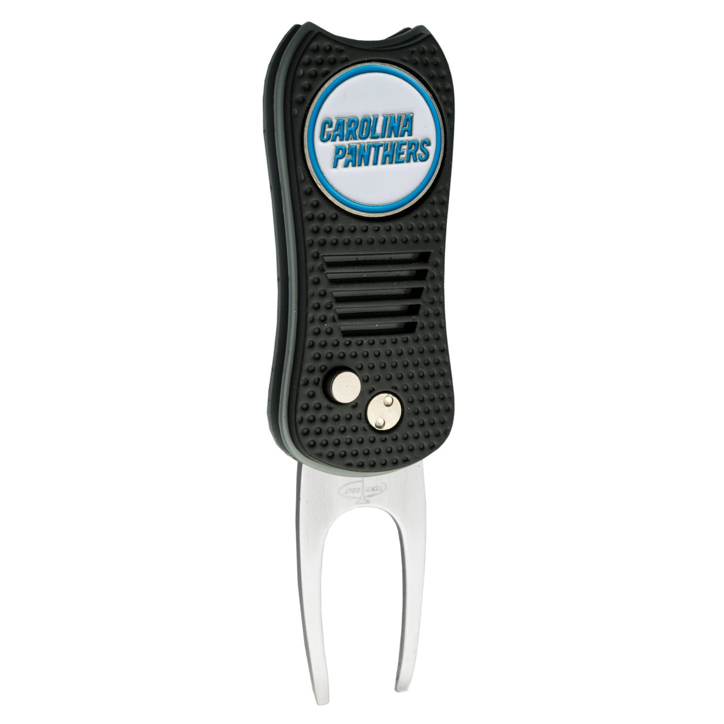 The NFL Switchfix Divot Tool with Ball Marker by NFL features a black and silver design, textured grip, switchblade mechanism, Carolina Panthers logo on top, and a convenient magnetic ball marker.