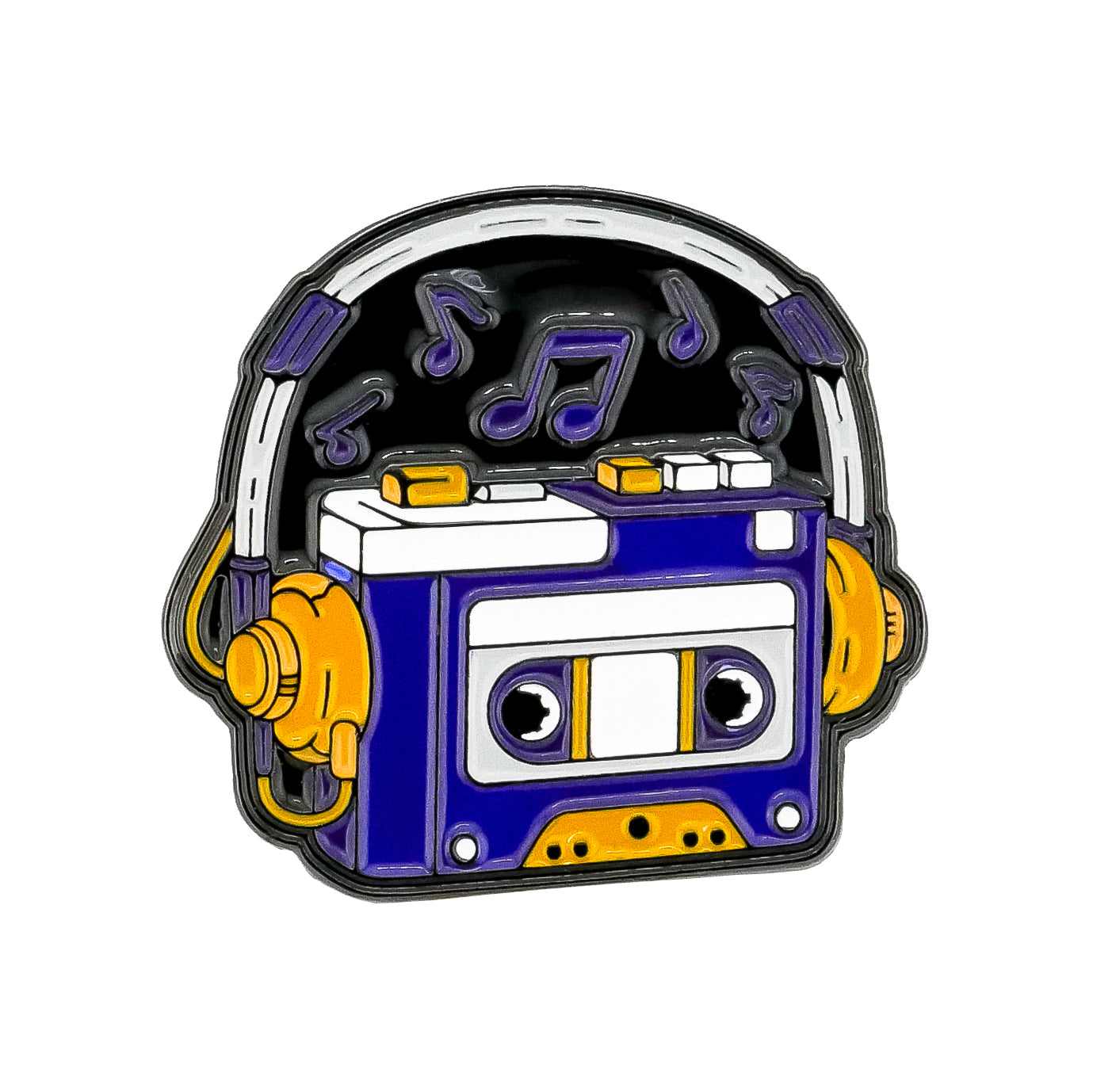 The Cassette Player Ball Marker by Ballmarkers.com features a purple and white cassette player with yellow headphones and musical notes, all outlined in black on a white background.