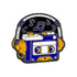 The Cassette Player Ball Marker by Ballmarkers.com features a purple and white cassette player with yellow headphones and musical notes, all outlined in black on a white background.